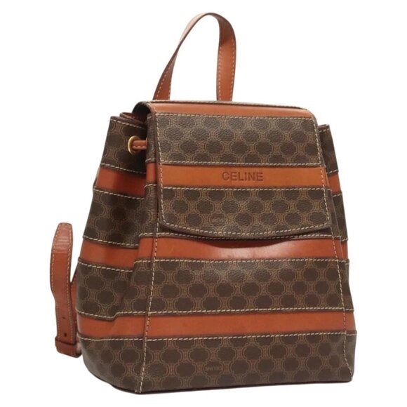 CELINE Macadam Canvas Backpack PVC Leather Brown Gold Auth - Picture 1 of 16